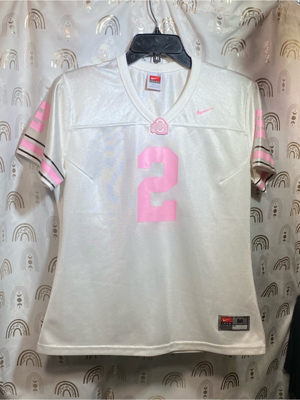 Nike Women’s White Football Jersey with Pink Accents and Number 2 Ohio State